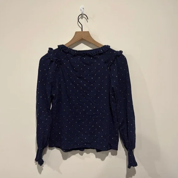 • Boden • Women’s Notch Neck Smocked Frill Top 
- Polka Dot Navy Blue / Gold 2 - Picture 4 of 4